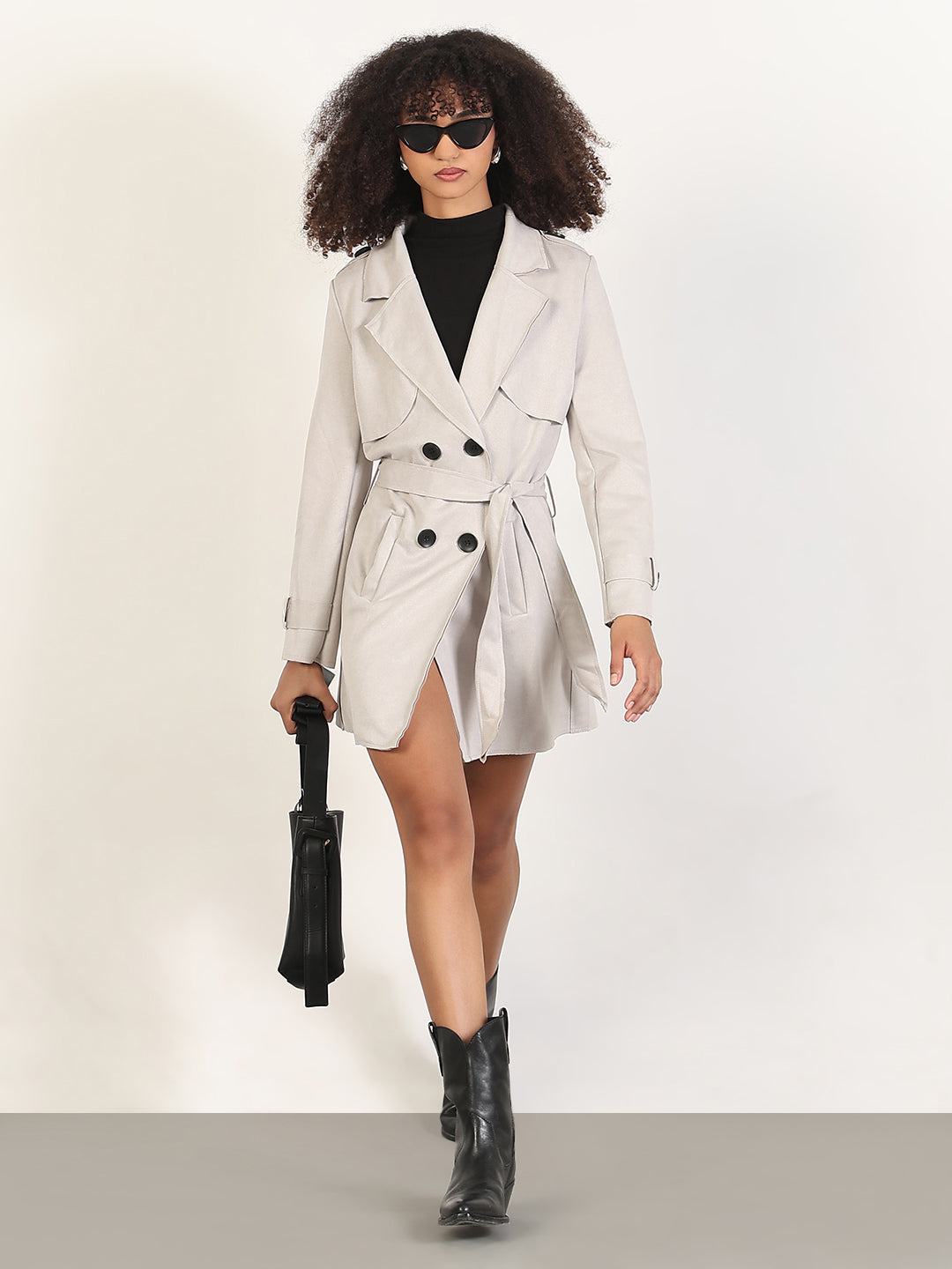 Women's Solid Grey Spread Collar Trench Coat with Fabric Belt