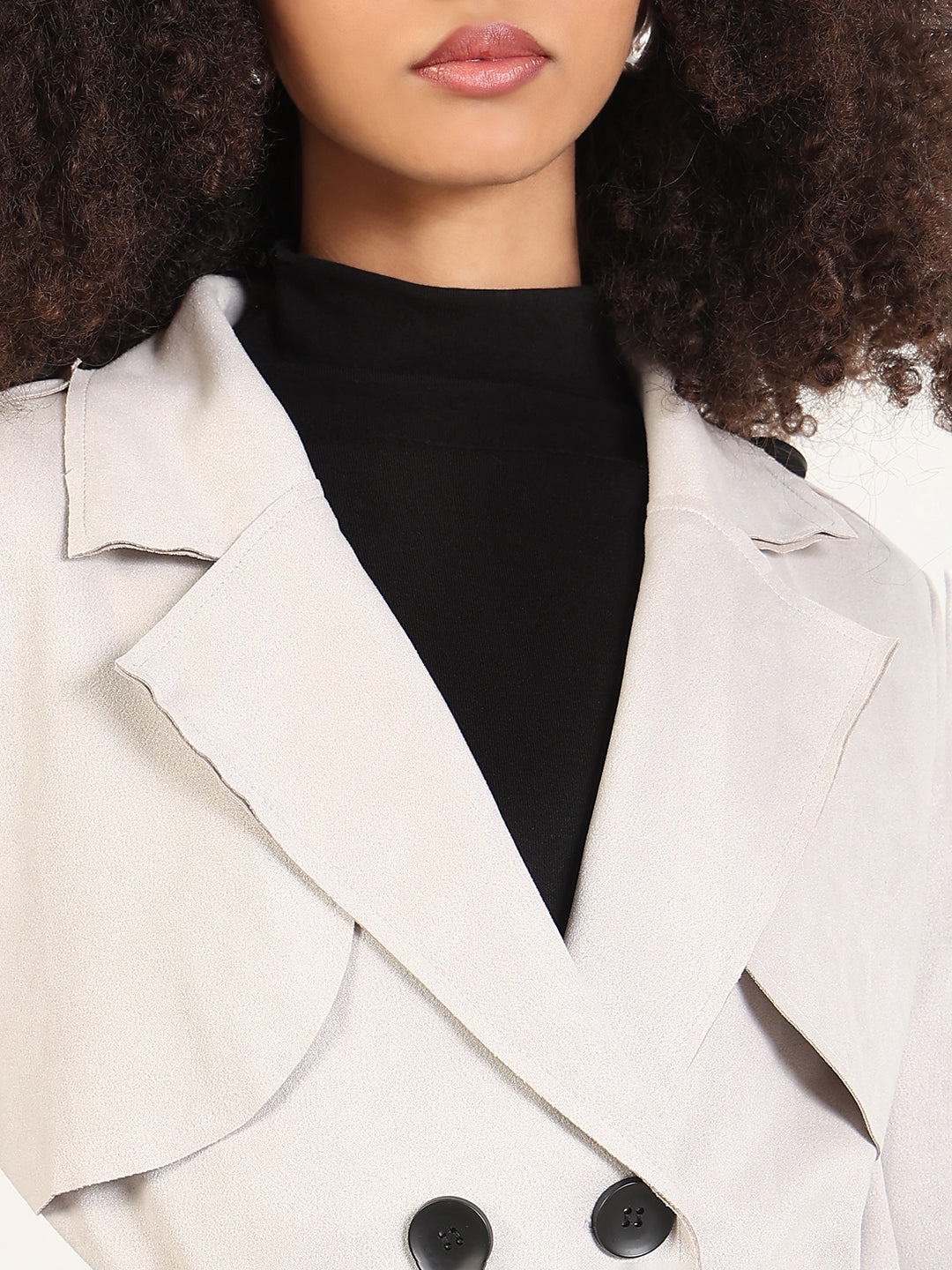 Women's Solid Grey Spread Collar Trench Coat with Fabric Belt