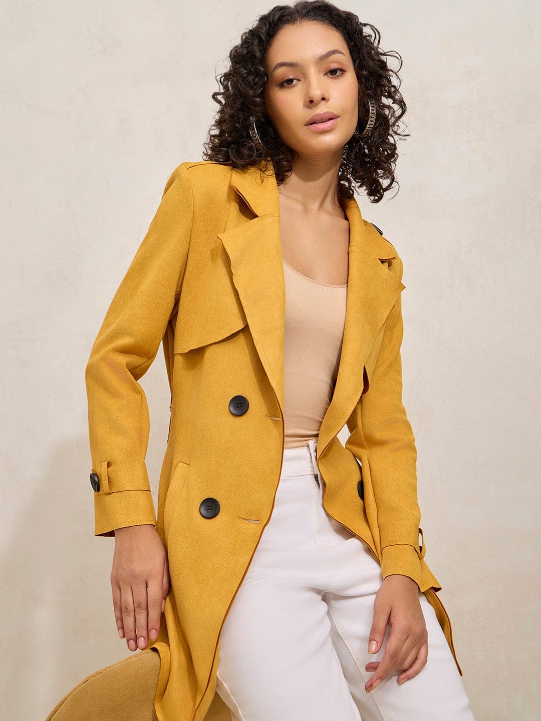 Women's Yellow Double Breasted Trench Coat with Belt
