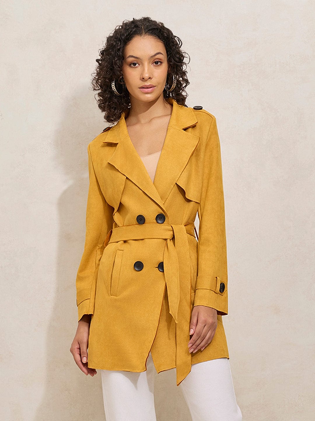 Women's Yellow Double Breasted Trench Coat with Belt