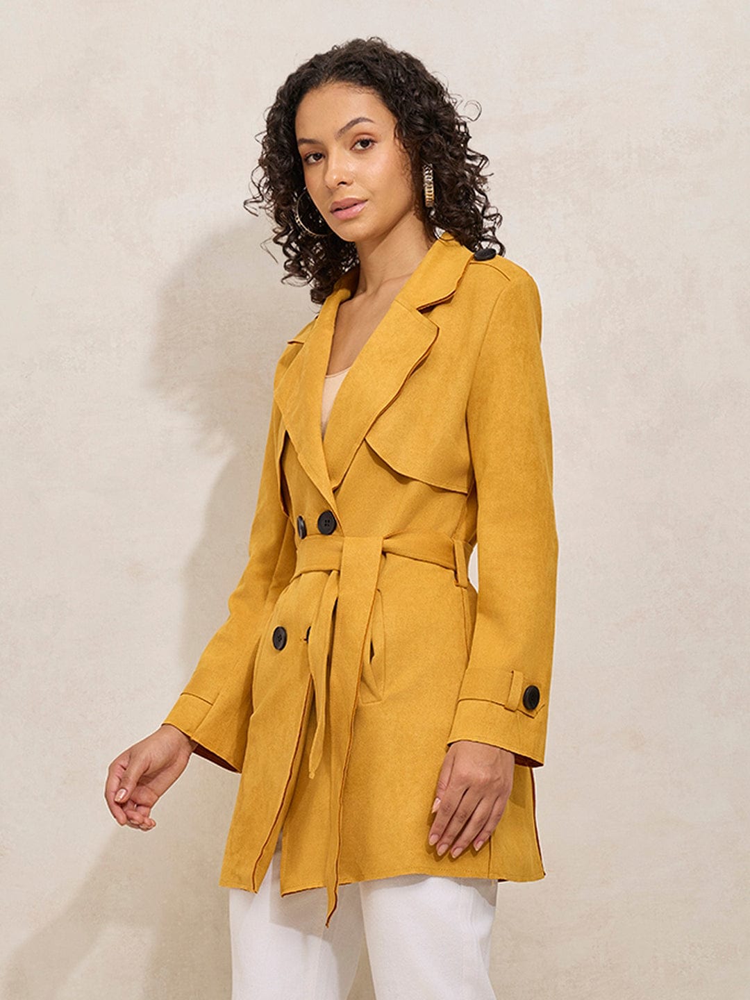 Women's Yellow Double Breasted Trench Coat with Belt