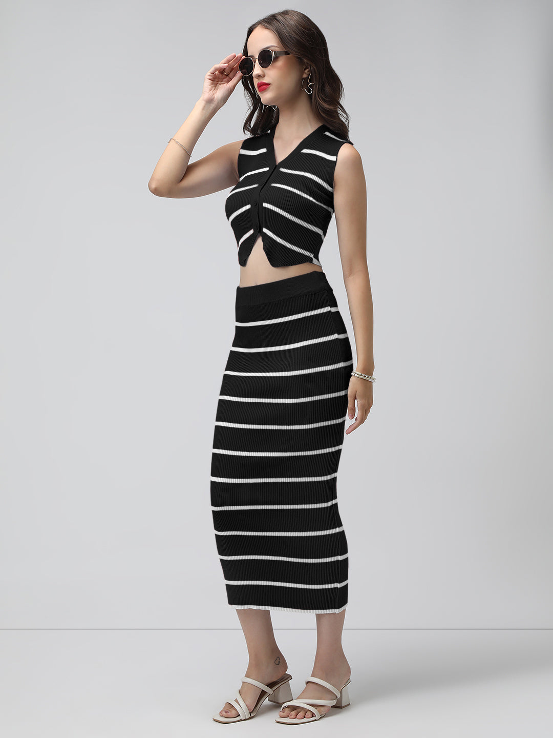 Women's Striped Black Ribbed Vest Top and Skirt Co-Ord Set
