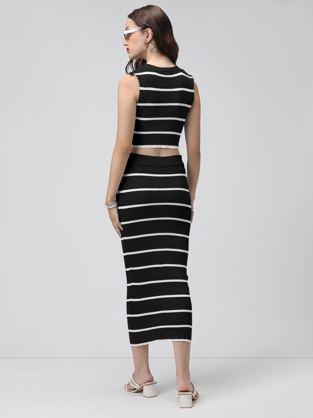 Women's Striped Black Ribbed Vest Top and Skirt Co-Ord Set