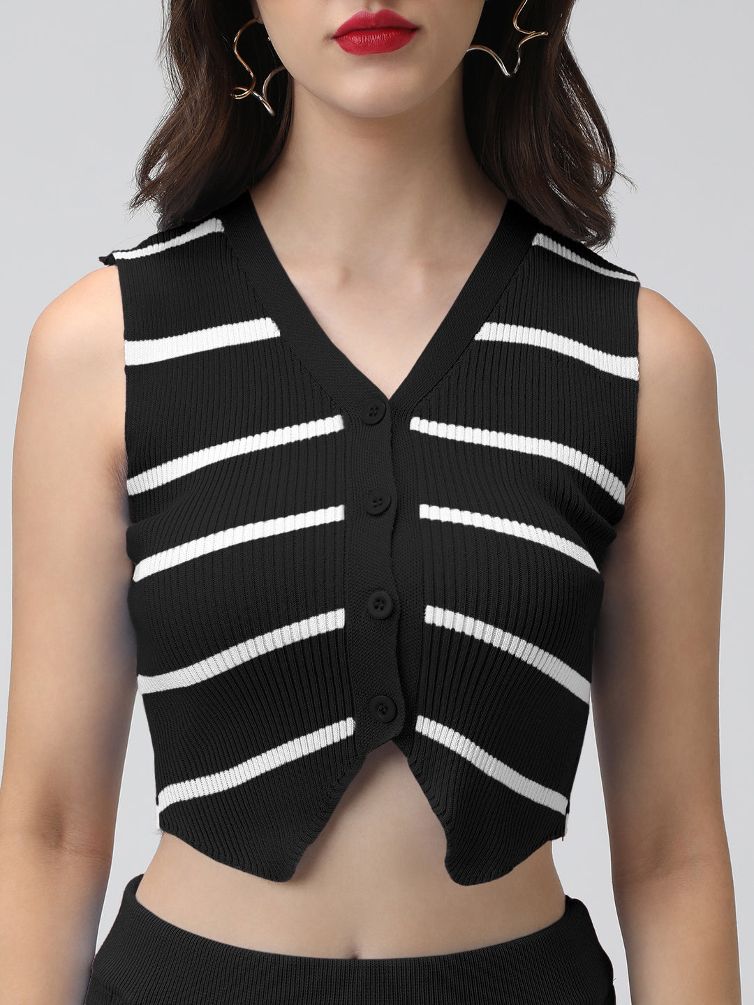 Women's Striped Black Ribbed Vest Top and Skirt Co-Ord Set