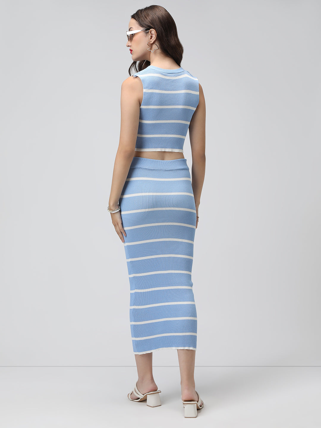 Women's Striped Blue V-Neck Crop Top with Skirt Co-ord Set