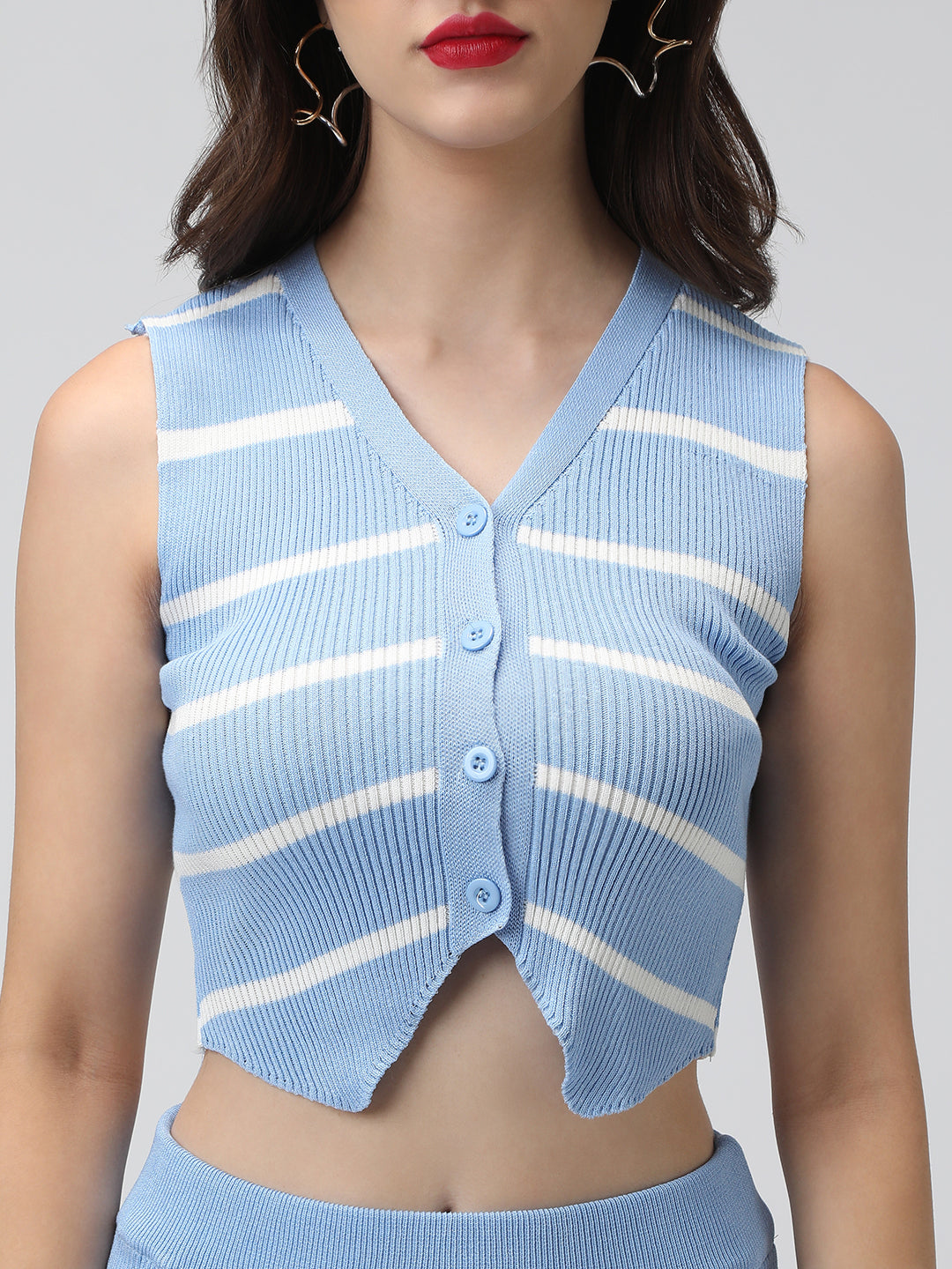 Women's Striped Blue V-Neck Crop Top with Skirt Co-ord Set