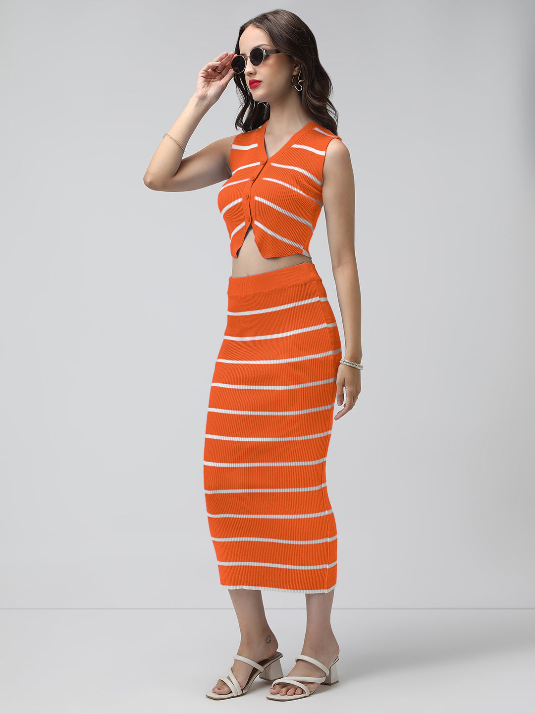 Women's Striped Orange Ribbed Vest Top and Skirt Co-Ord Set