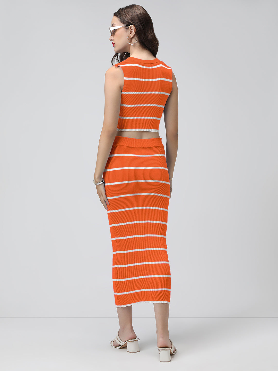 Women's Striped Orange Ribbed Vest Top and Skirt Co-Ord Set