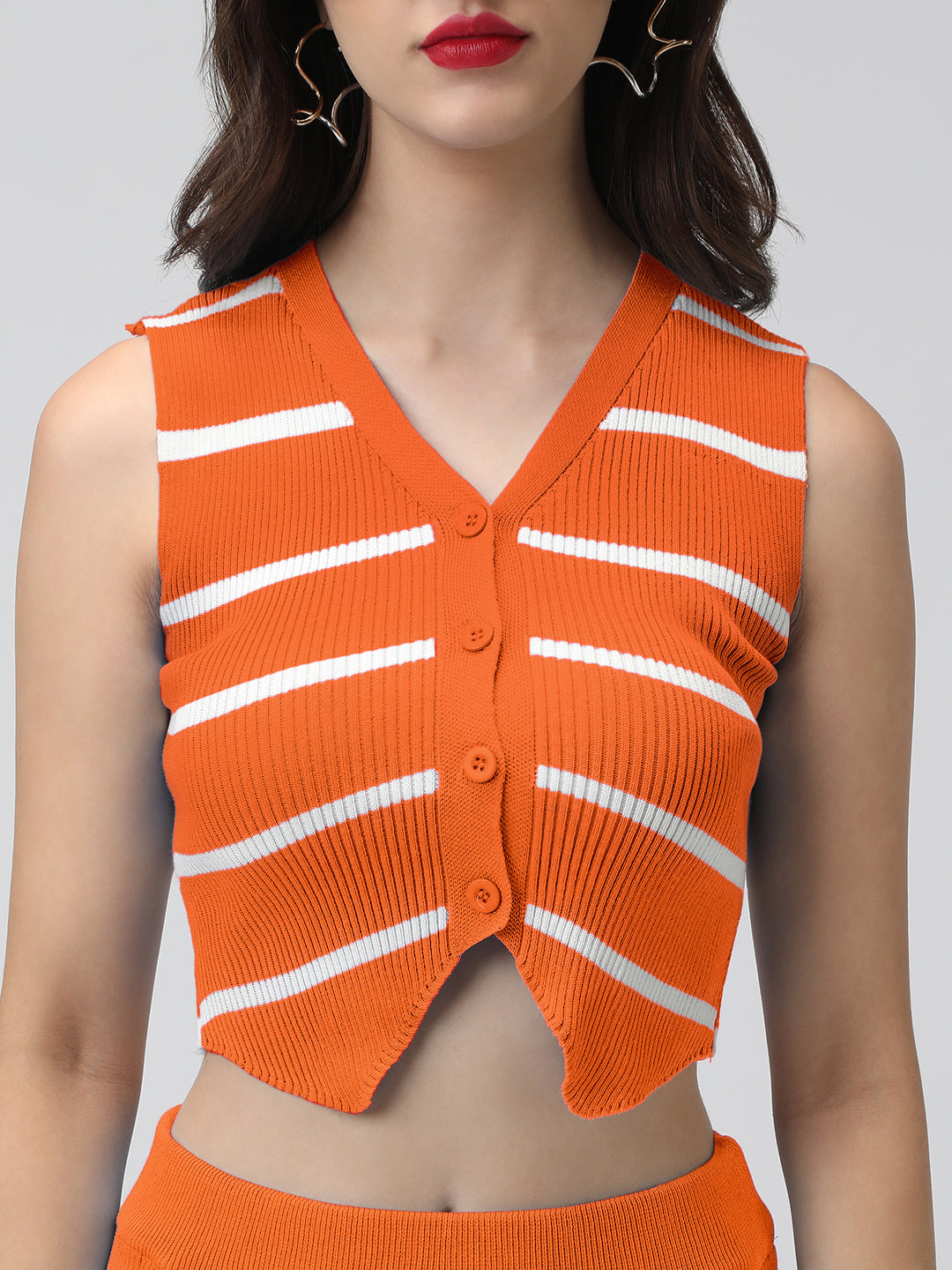 Women's Striped Orange Ribbed Vest Top and Skirt Co-Ord Set