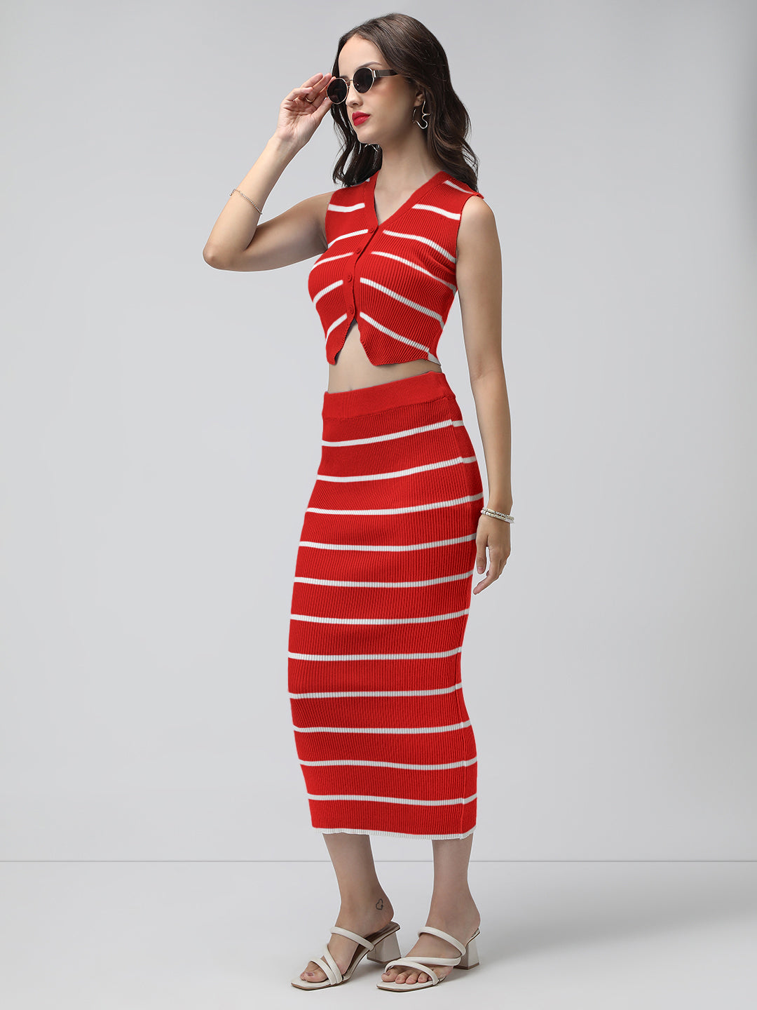 Women's Striped Red Ribbed Vest Top and Skirt Co-Ord Set