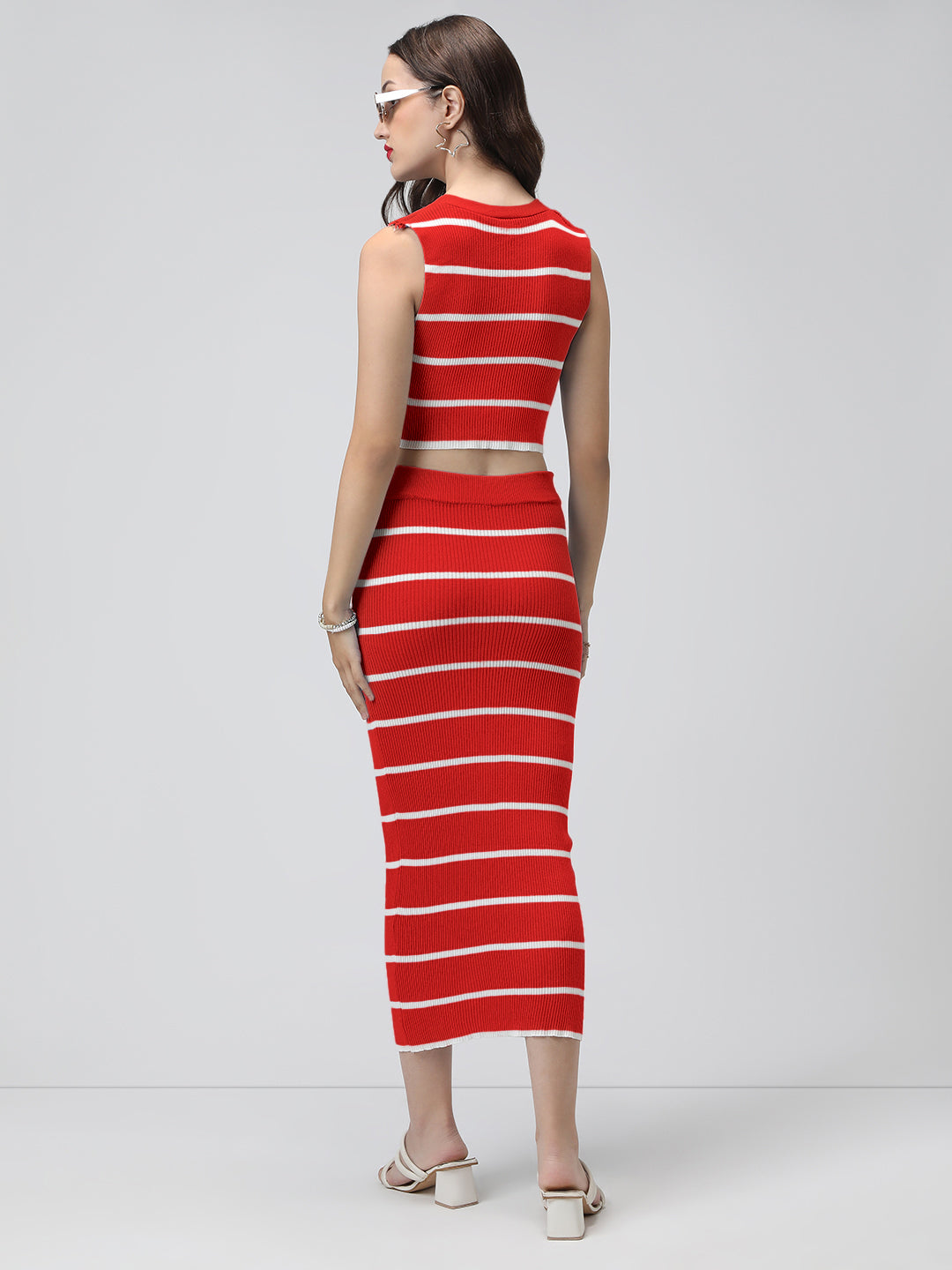 Women's Striped Red Ribbed Vest Top and Skirt Co-Ord Set