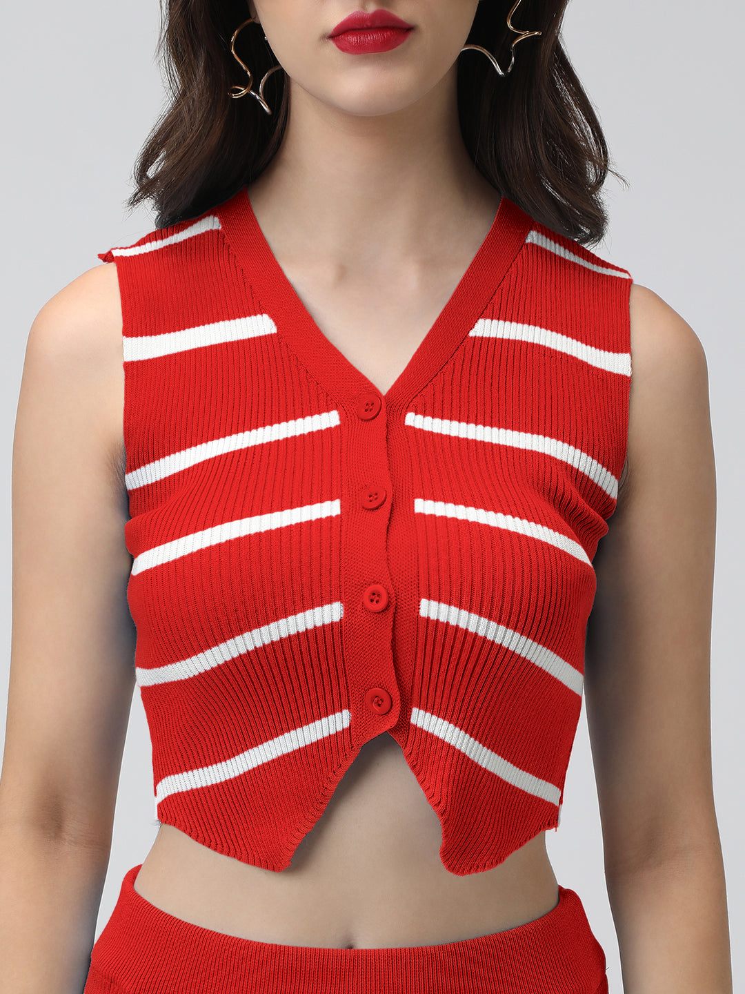 Women's Striped Red Ribbed Vest Top and Skirt Co-Ord Set