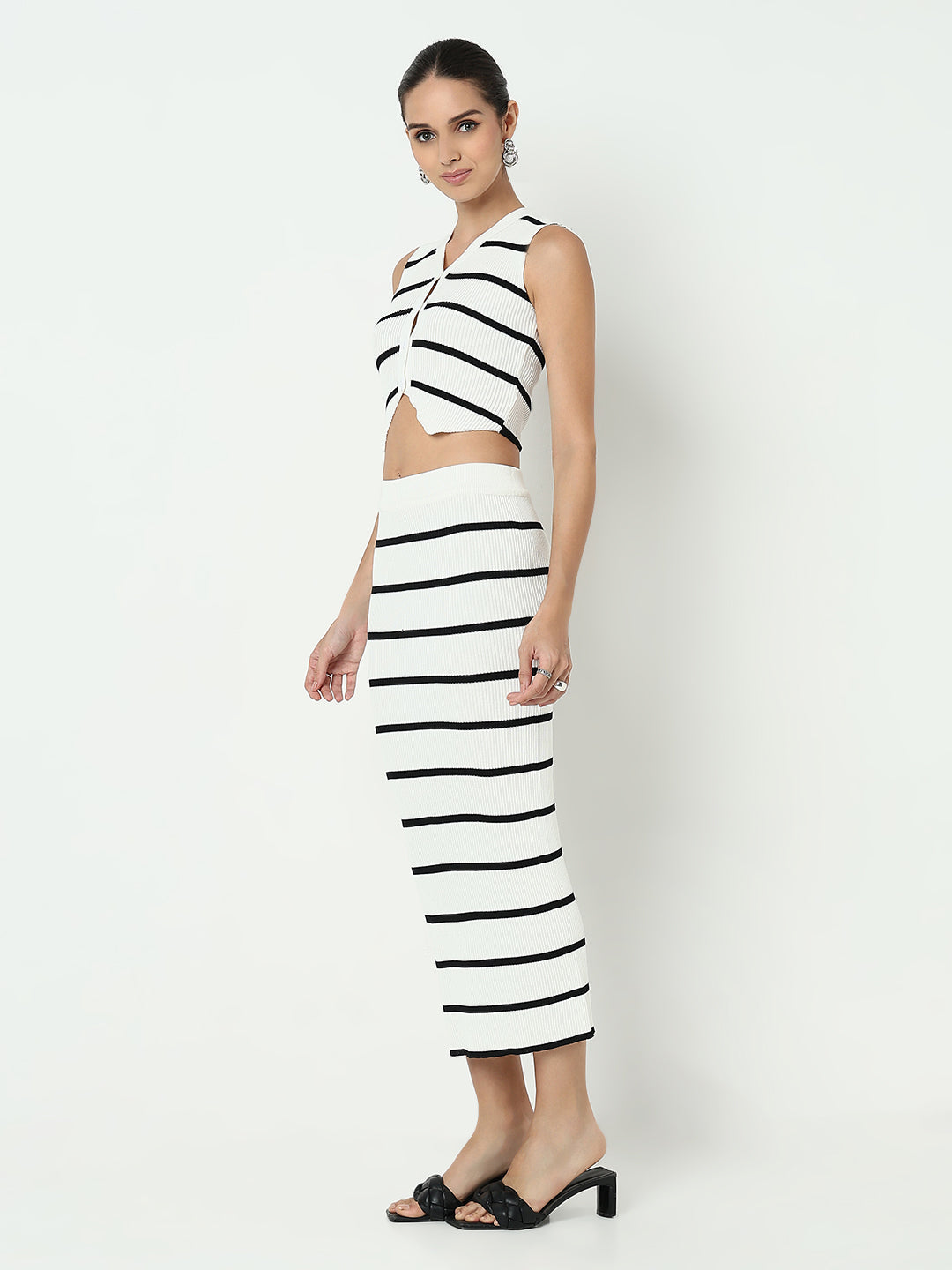 Women's Striped White V-Neck Crop Top with Skirt Co-ord Set