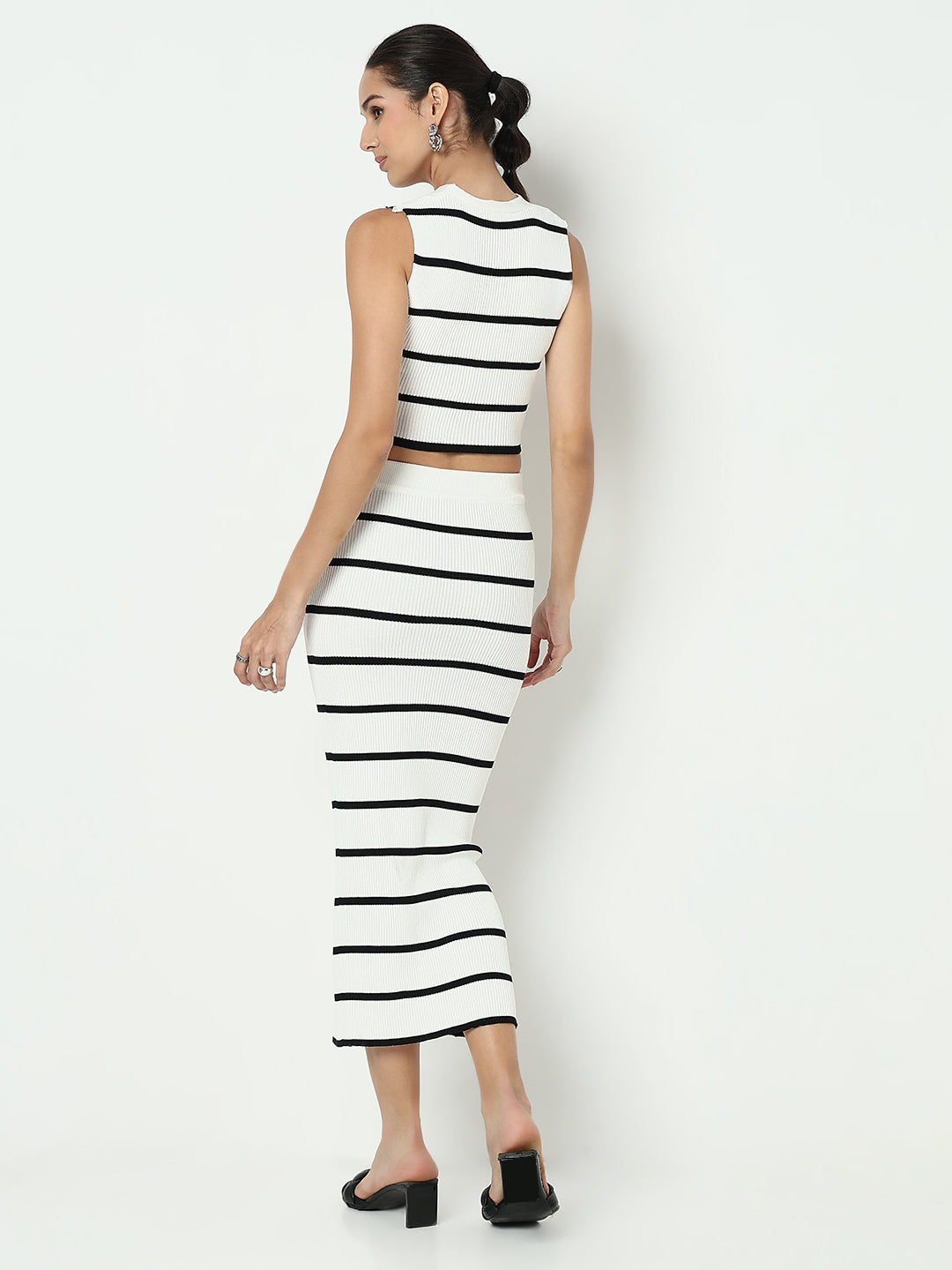 Women's Striped White V-Neck Crop Top with Skirt Co-ord Set