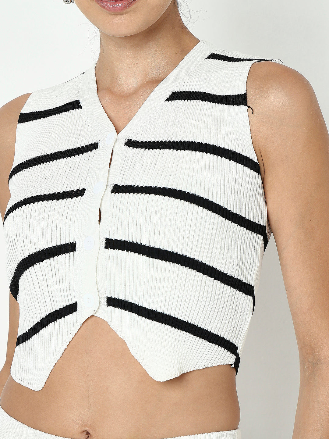 Women's Striped White V-Neck Crop Top with Skirt Co-ord Set