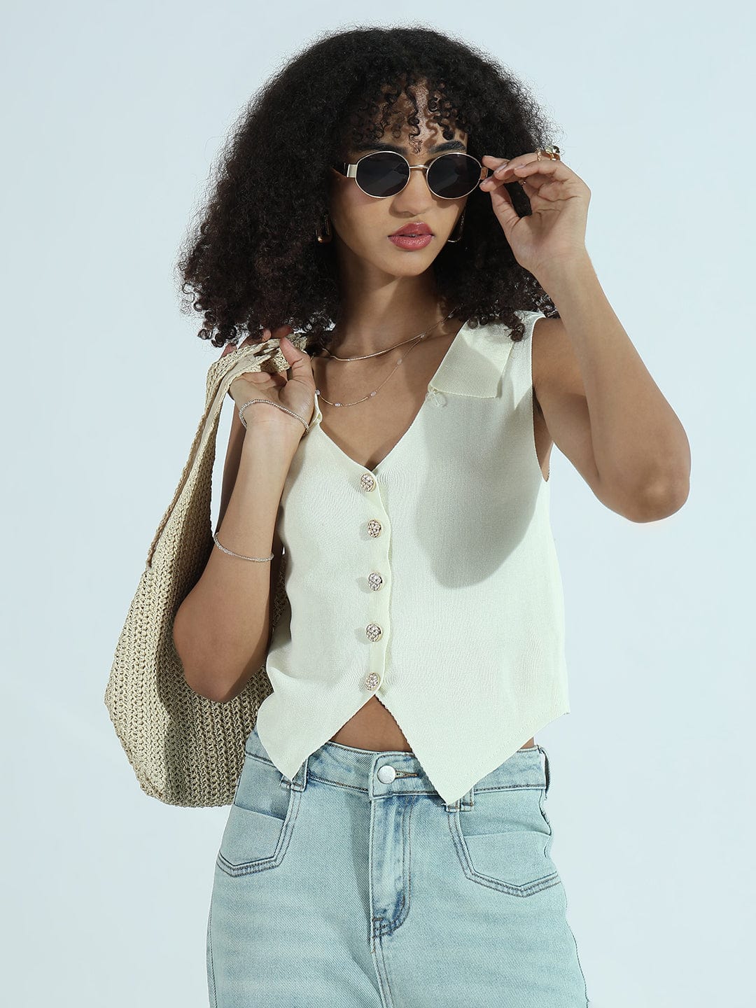 Women's Cream Vest Top with Gold Buttons and Spread Collar