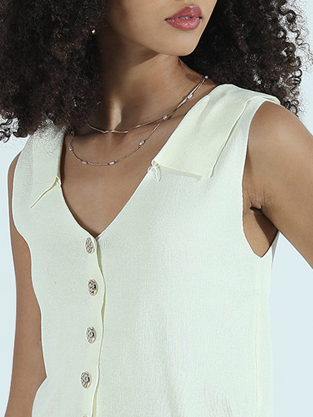 Women's Cream Vest Top with Gold Buttons and Spread Collar