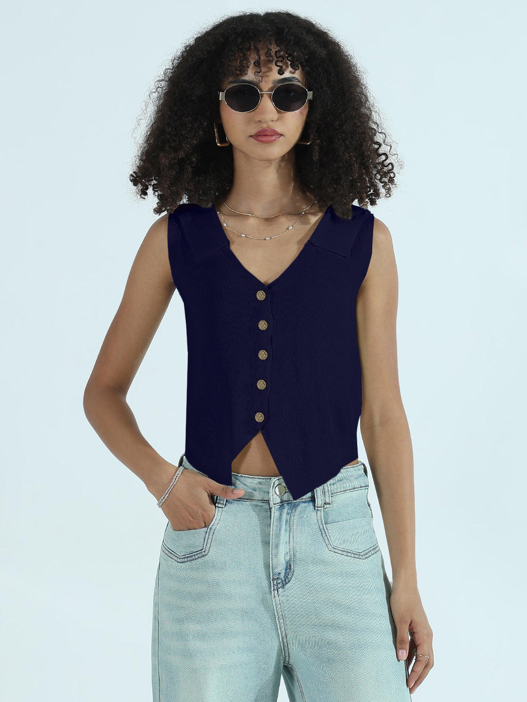 Women's Navy Blue Vest Top with Gold Buttons