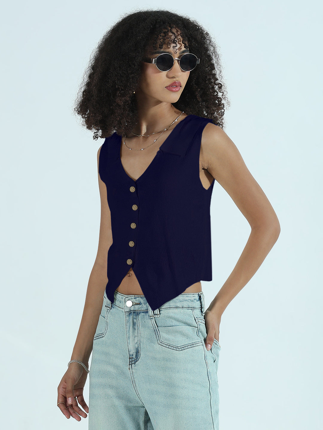 Women's Navy Blue Vest Top with Gold Buttons