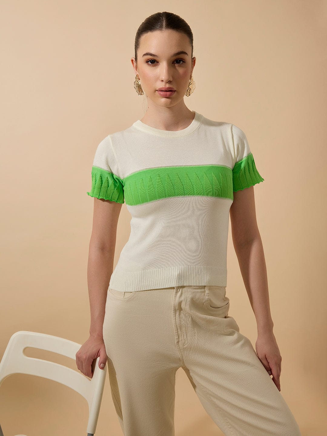 Women's Ribbed Colourblocked Off White Knitted Top