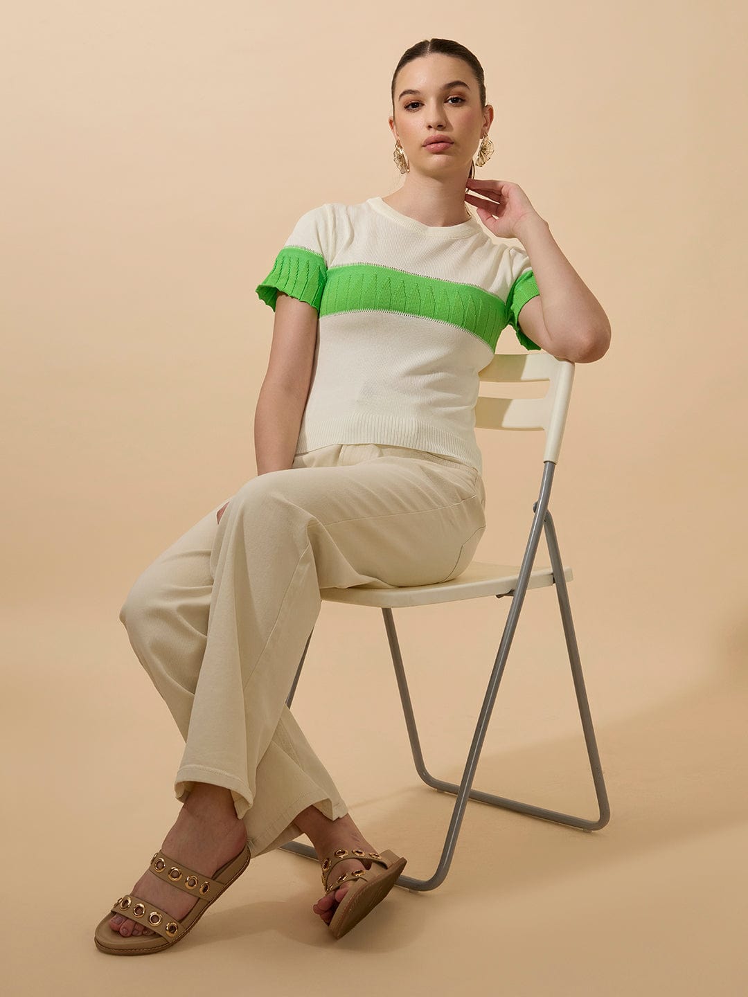 Women's Ribbed Colourblocked Off White Knitted Top