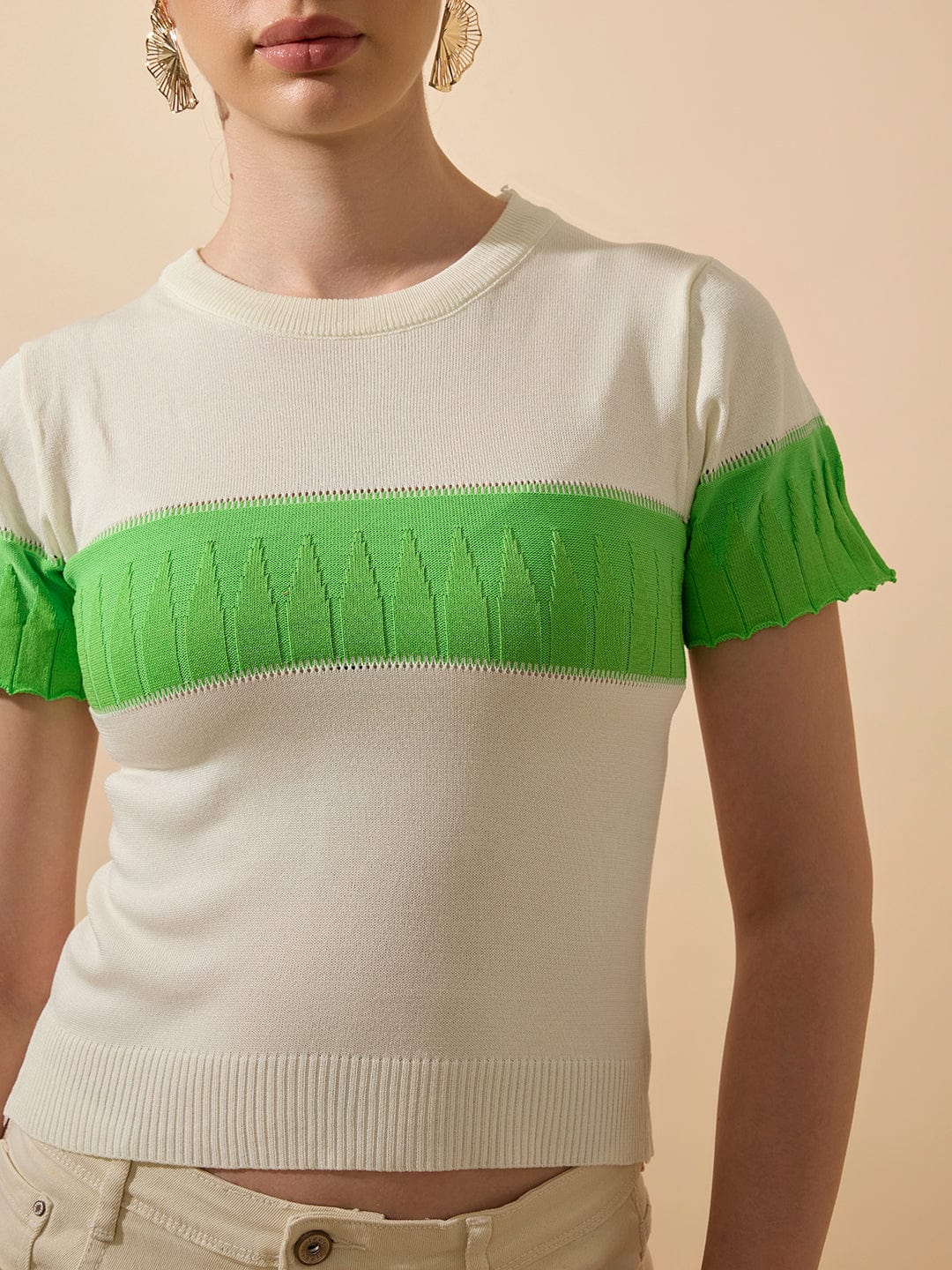 Women's Ribbed Colourblocked Off White Knitted Top