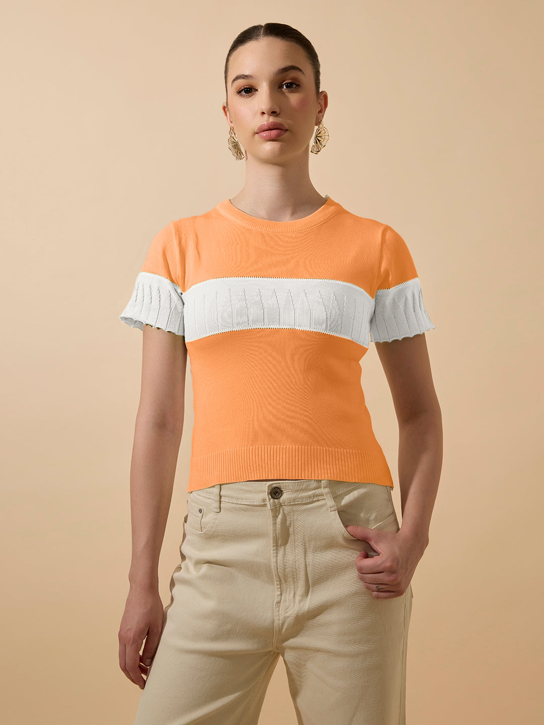 Women's Ribbed Colorblock Orange Knitted Top