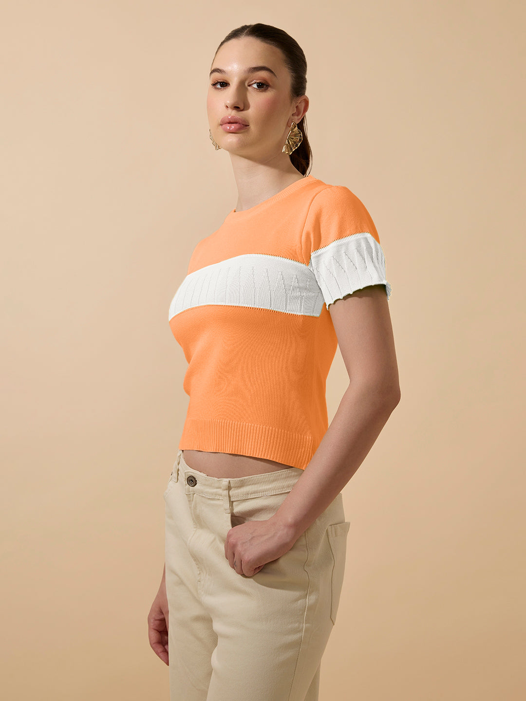 Women's Ribbed Colorblock Orange Knitted Top
