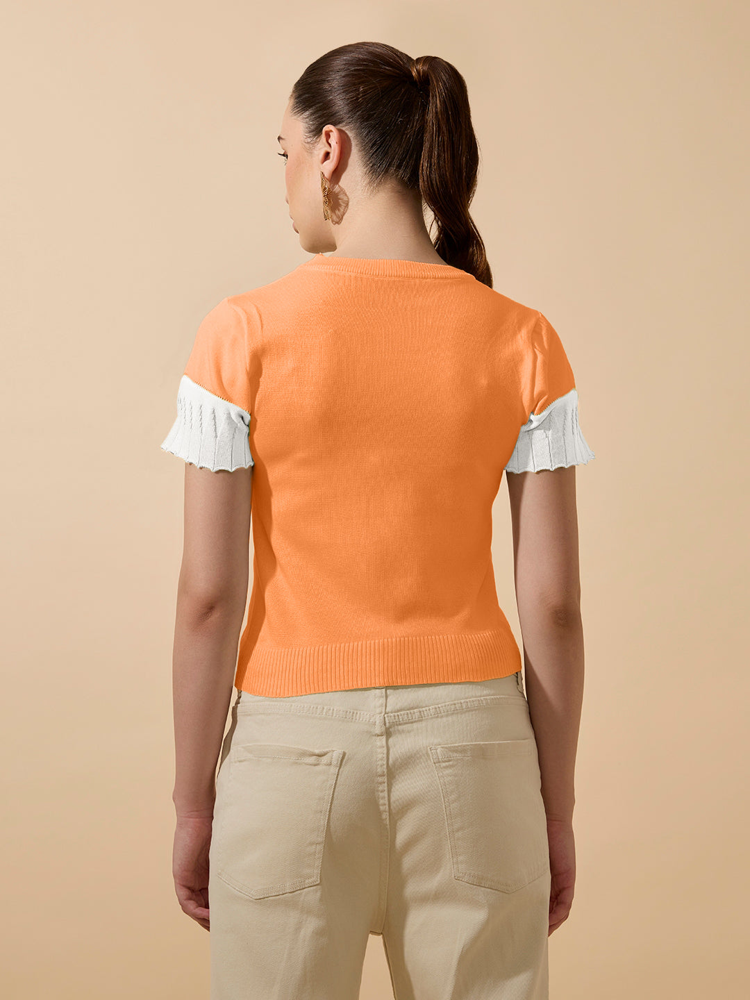 Women's Ribbed Colorblock Orange Knitted Top