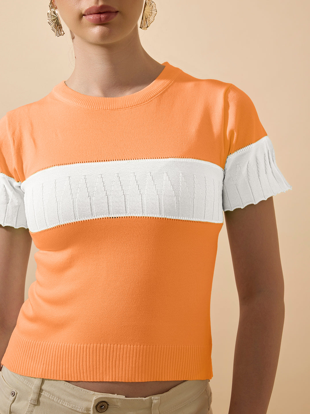 Women's Ribbed Colorblock Orange Knitted Top