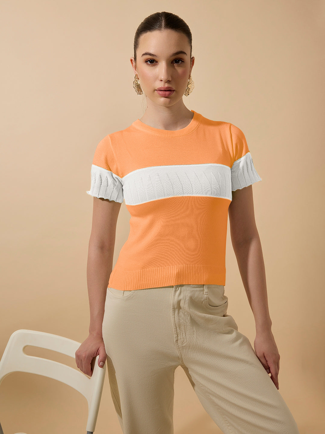 Women's Ribbed Colorblock Orange Knitted Top