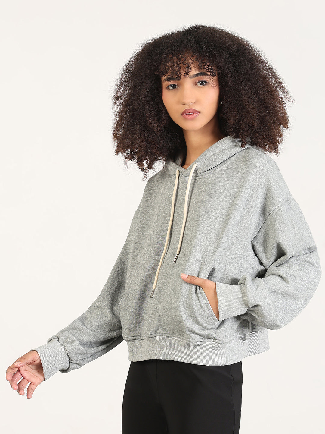Women's Grey Hooded Solid Oversized Sweatshirt