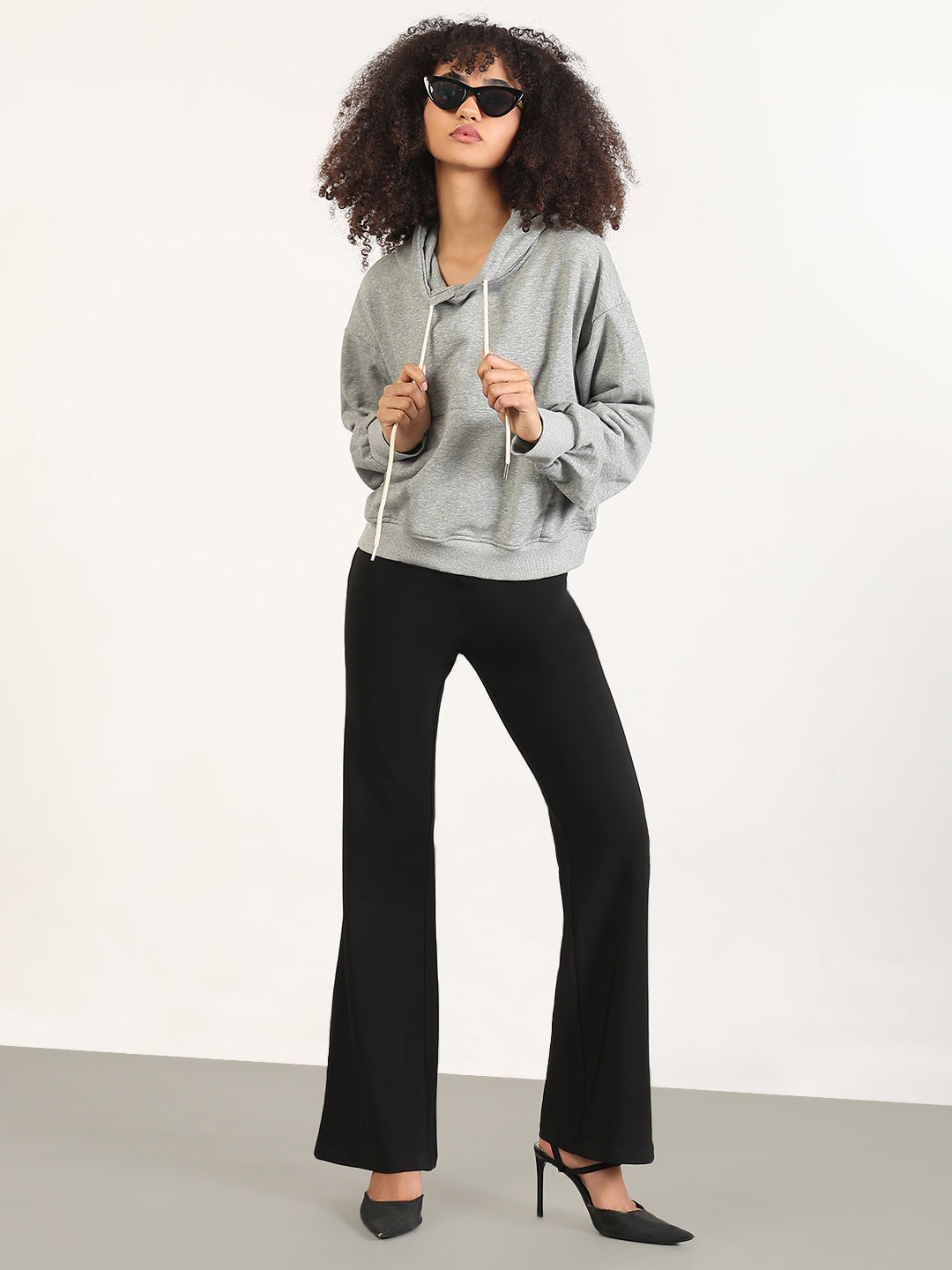 Women's Grey Hooded Solid Oversized Sweatshirt