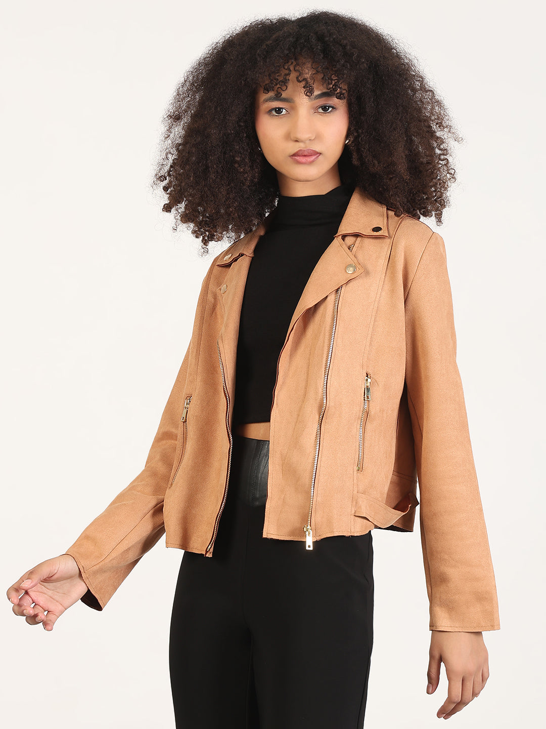 Women's Solid Brown Lapel Collar Jacket