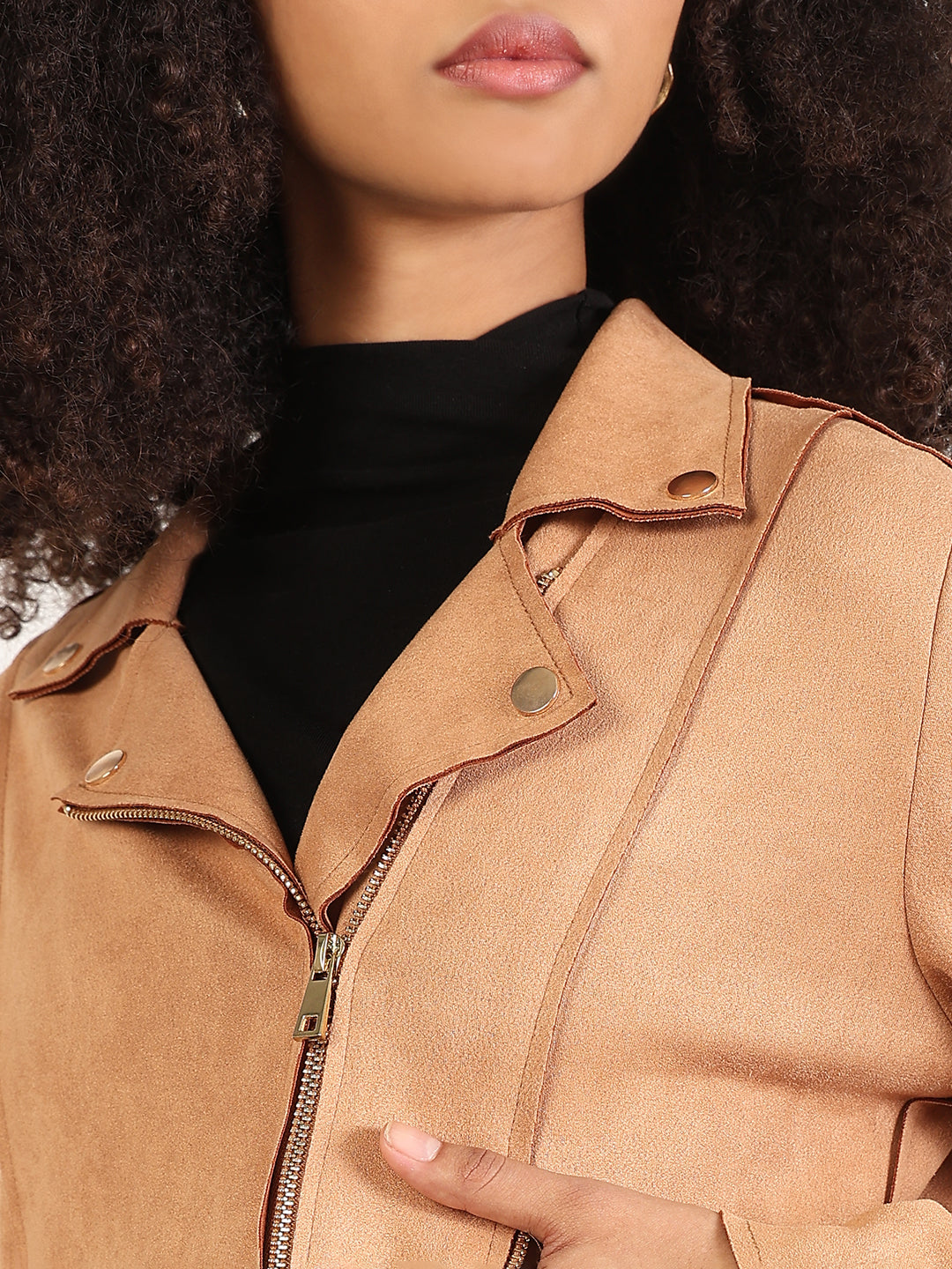 Women's Solid Brown Lapel Collar Jacket