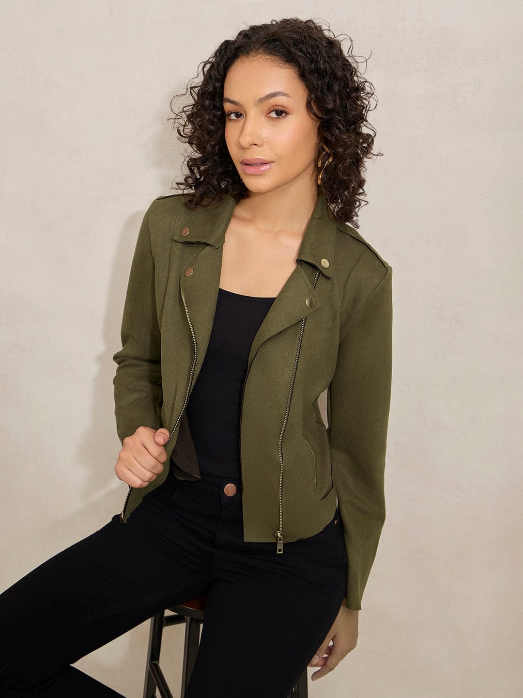 Women's Olive Asymmetric Zipper Biker Jacket