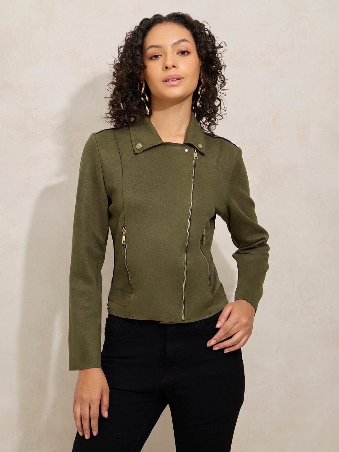 Women's Olive Asymmetric Zipper Biker Jacket