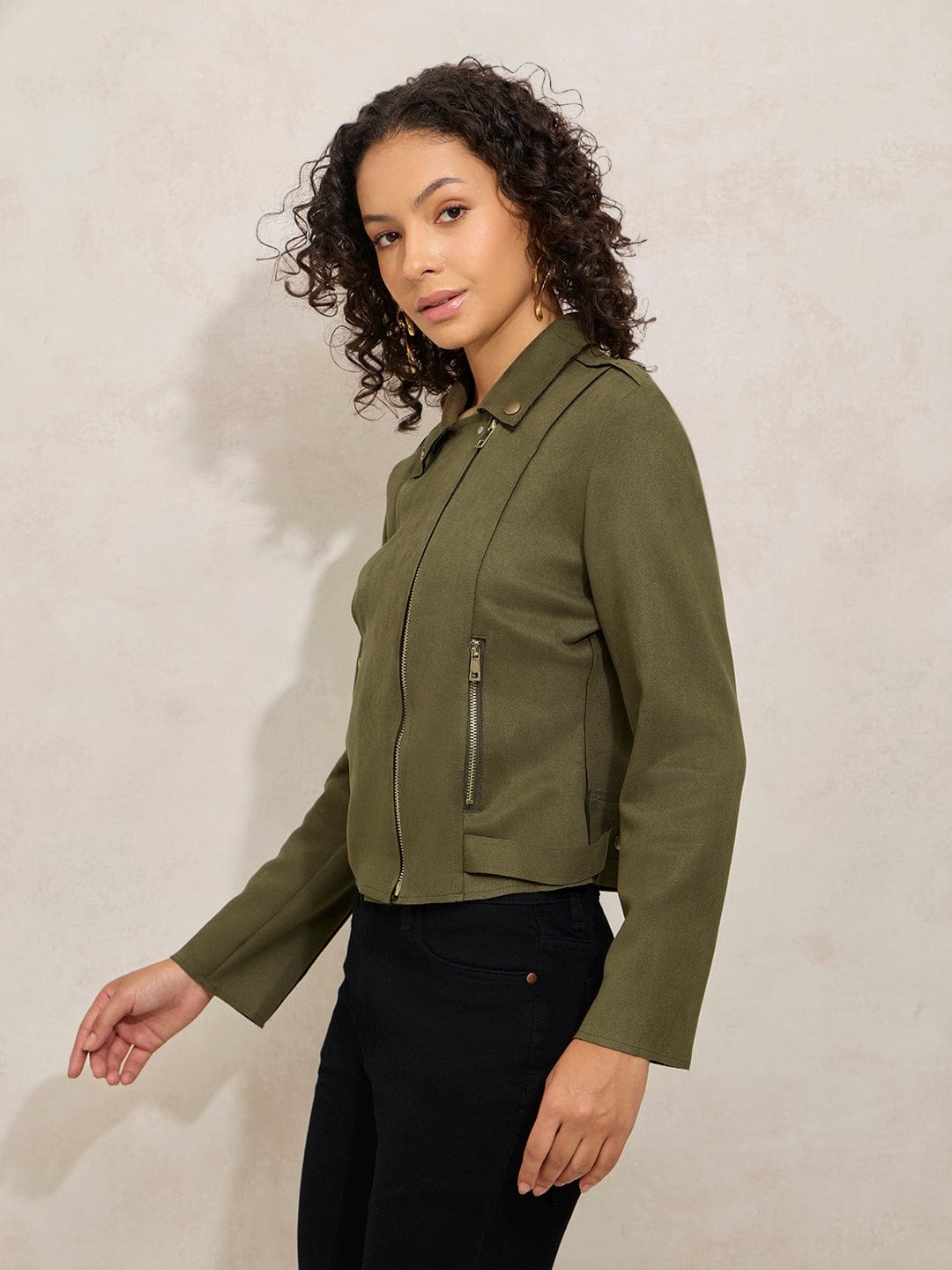 Women's Olive Asymmetric Zipper Biker Jacket