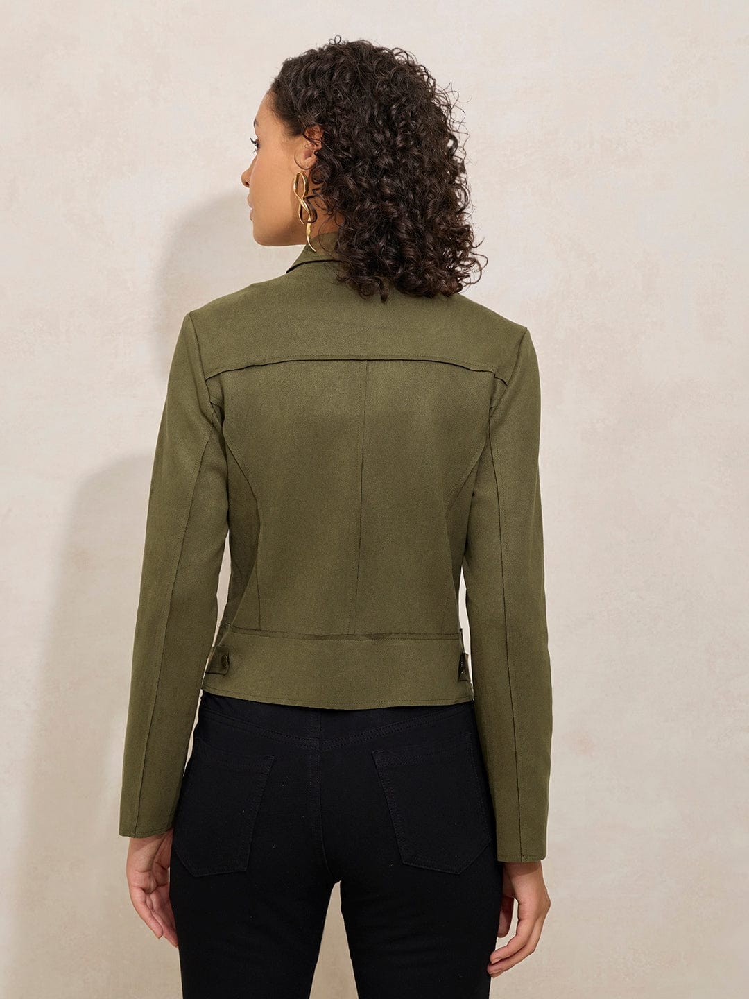 Women's Olive Asymmetric Zipper Biker Jacket