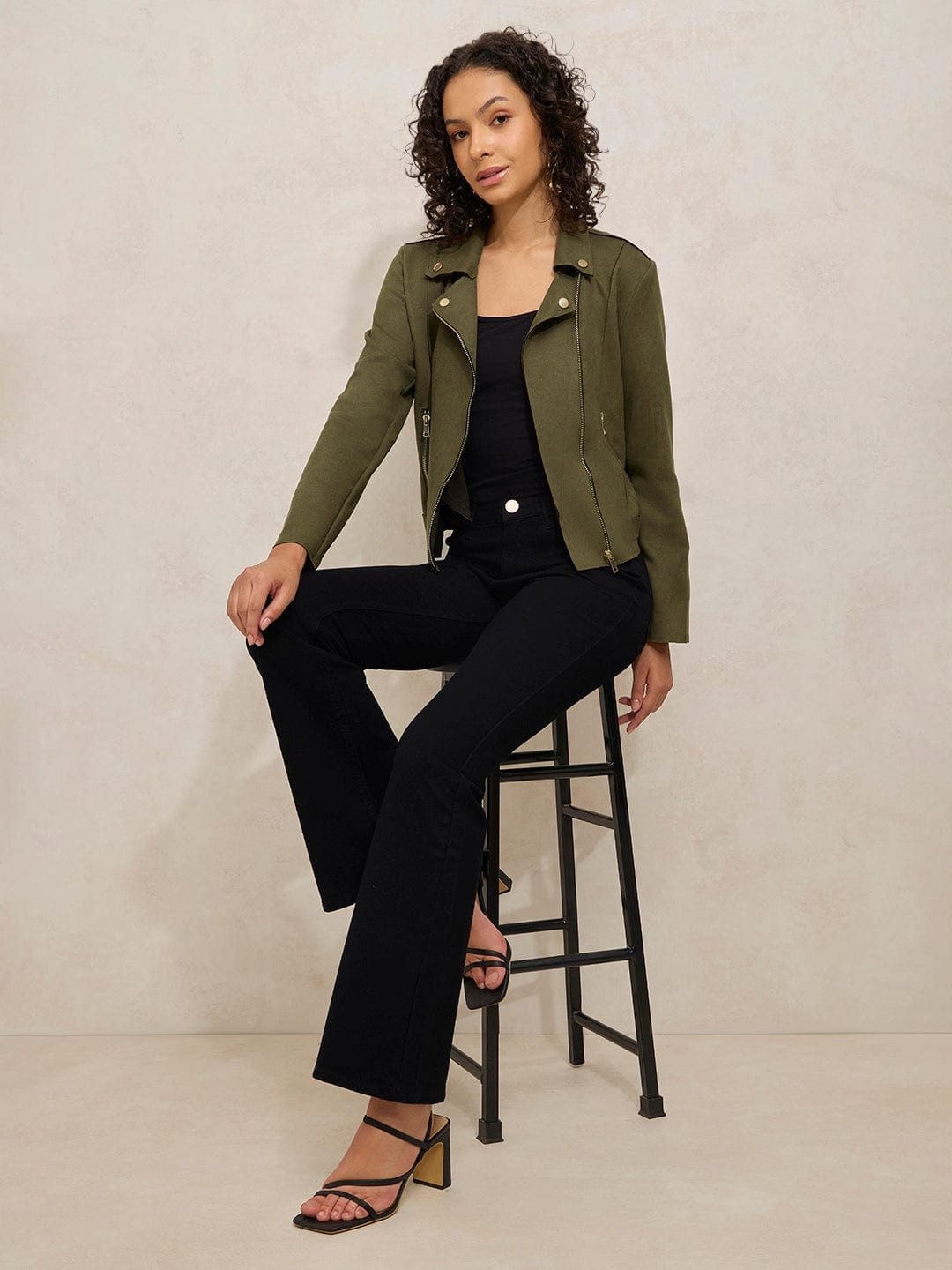 Women's Olive Asymmetric Zipper Biker Jacket