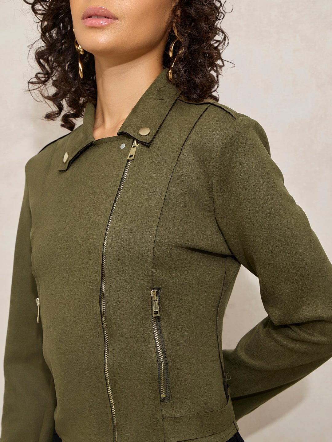 Women's Olive Asymmetric Zipper Biker Jacket