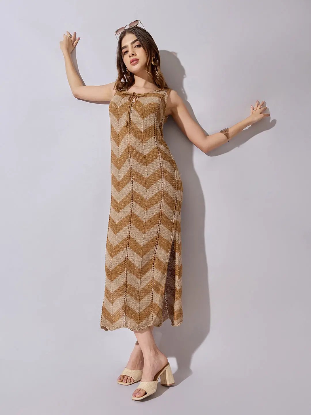 brown chevron dress Missoni Vintage Women's Multicolor Brown Chevron Zigzag Knit Belted Dress L / XL