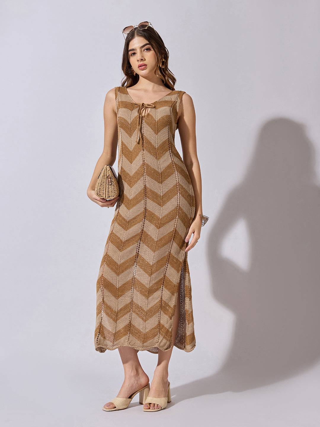 Women's Knitted Brown Chevron Pattern Sleeveless Midi Dress