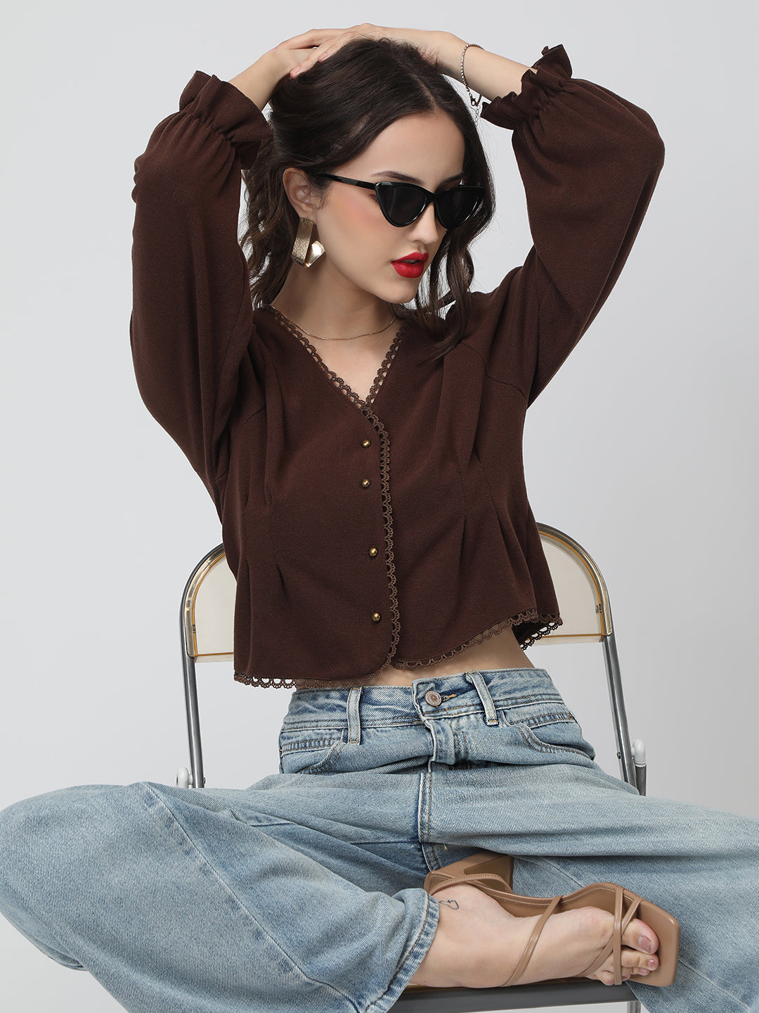 Women's Brown V-Neck Button Down Long Sleeve Crop Top with Trim Detail