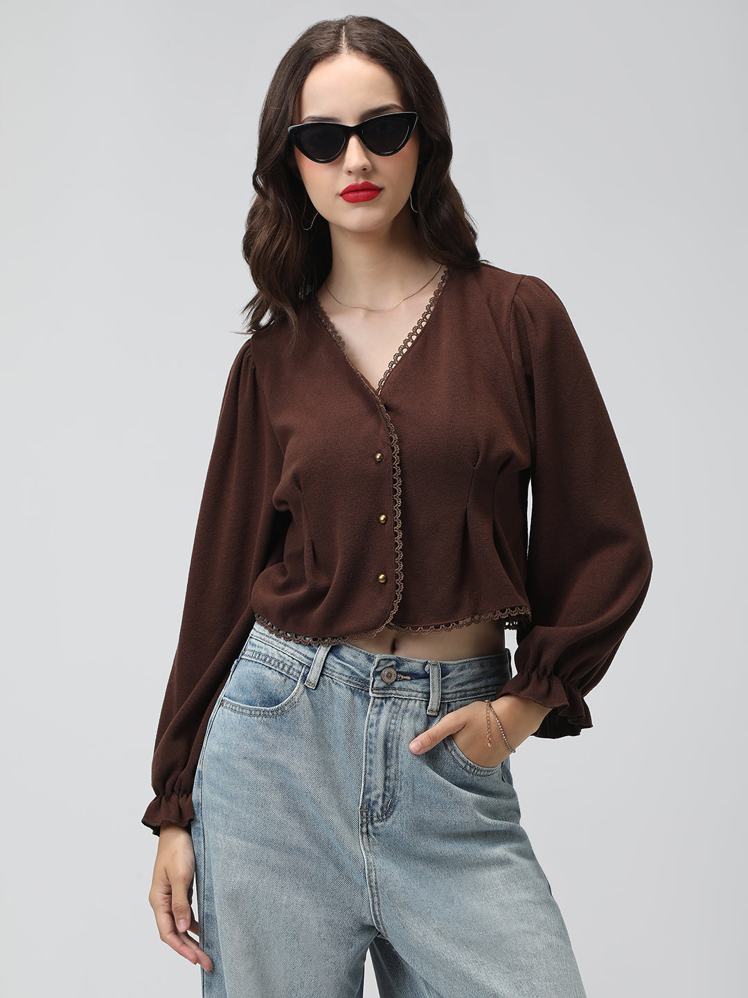 Women's Brown V-Neck Button Down Long Sleeve Crop Top with Trim Detail