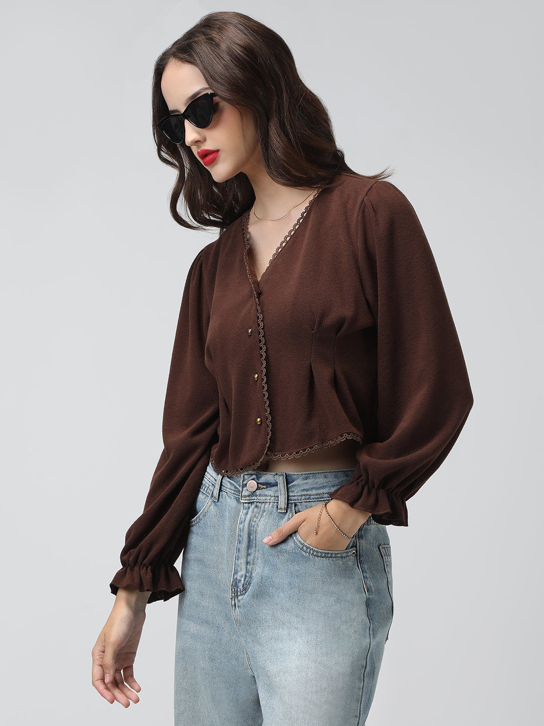 Women's Brown V-Neck Button Down Long Sleeve Crop Top with Trim Detail