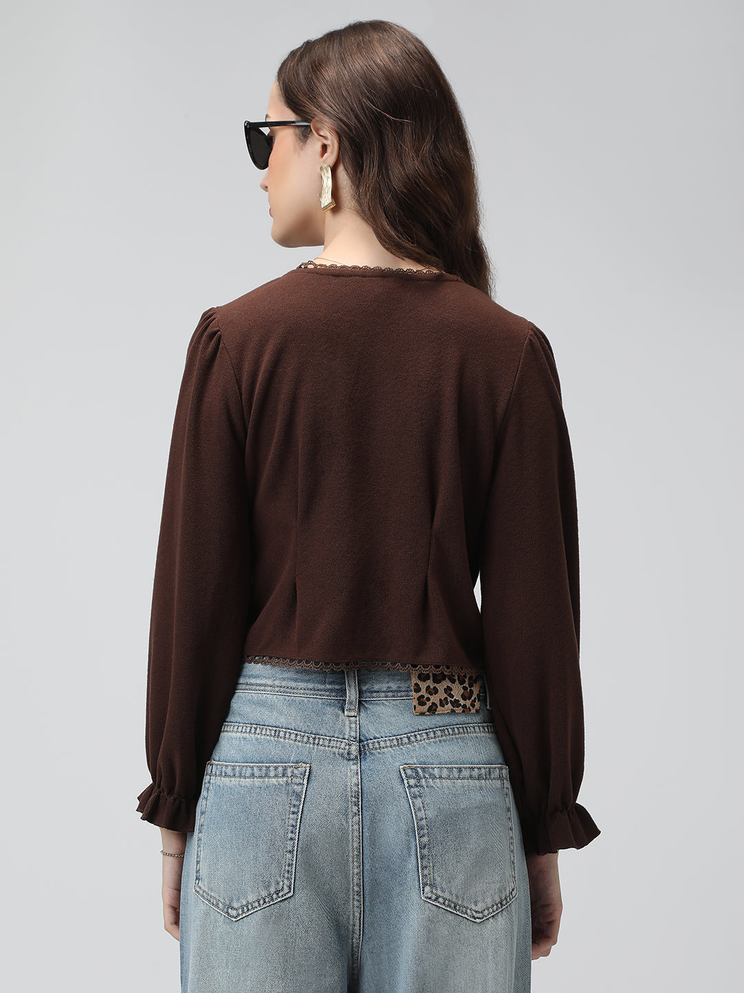 Women's Brown V-Neck Button Down Long Sleeve Crop Top with Trim Detail