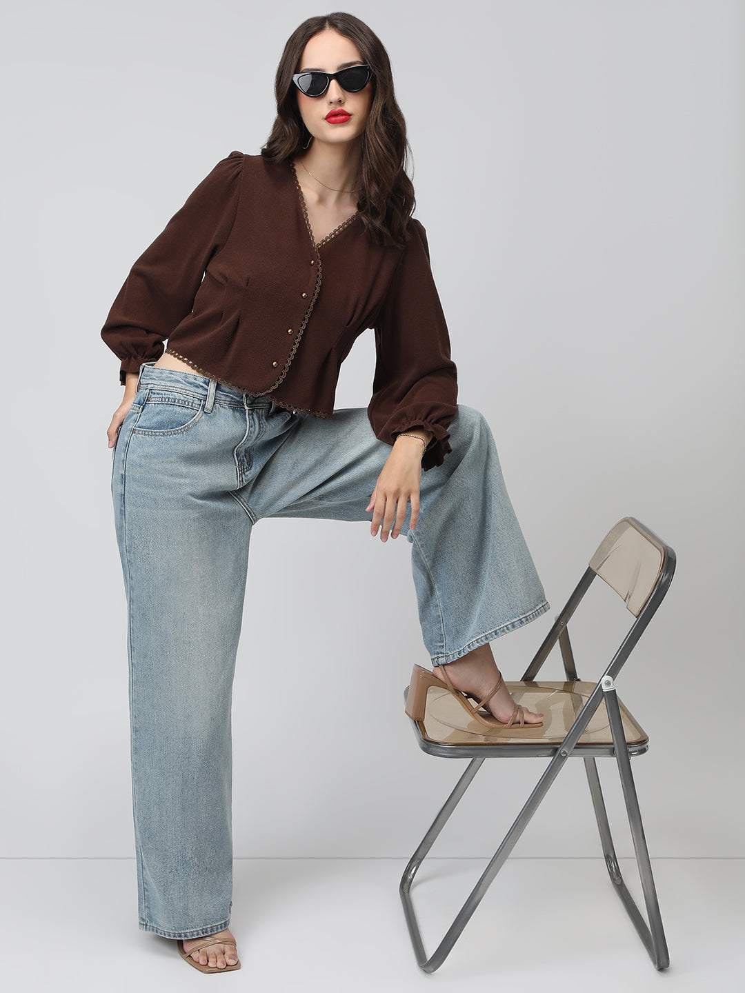 Women's Brown V-Neck Button Down Long Sleeve Crop Top with Trim Detail