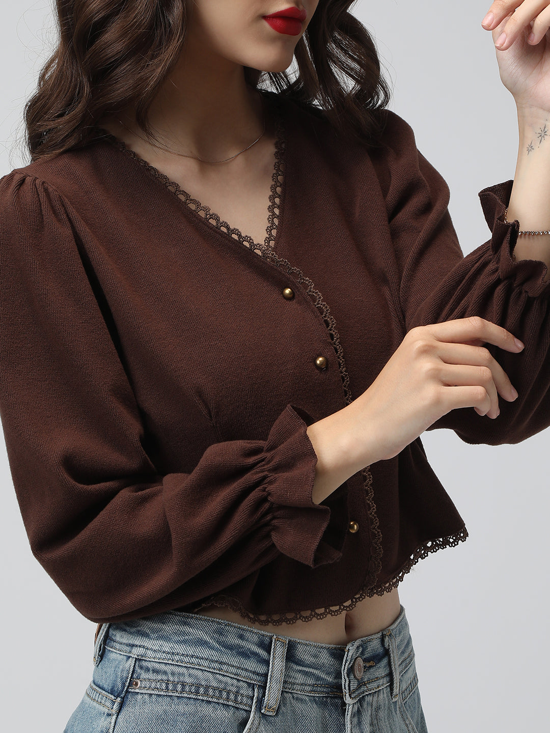 Women's Brown V-Neck Button Down Long Sleeve Crop Top with Trim Detail