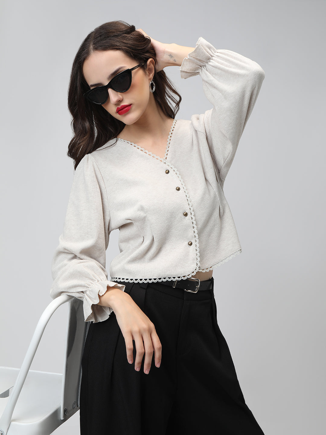 Women's Grey V-Neck Button Down Long Sleeve Crop Top with Trim Detail